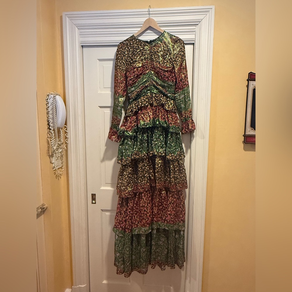 Doen Green and Red Long Sleeve Maxi Dress Evening Gown